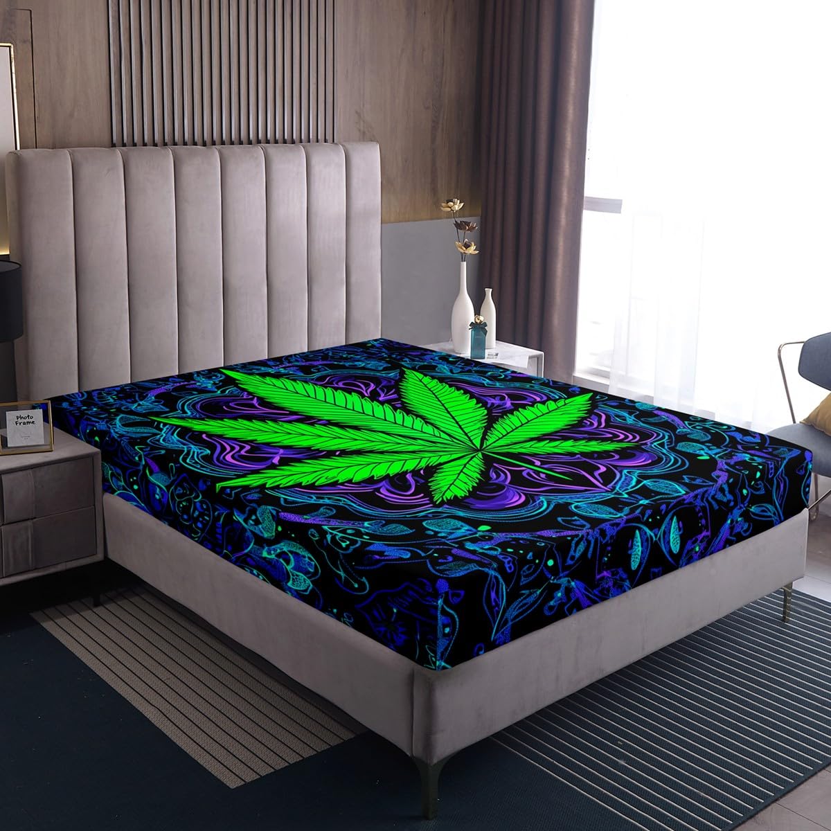 Erosebridal Bed Sheets Full Size Leaves Fitted Sheet Green Chic Top Sheet Purple Leaf Botanical Sheet Set Bohemian Style Plant Flat Sheet 4Pcs
