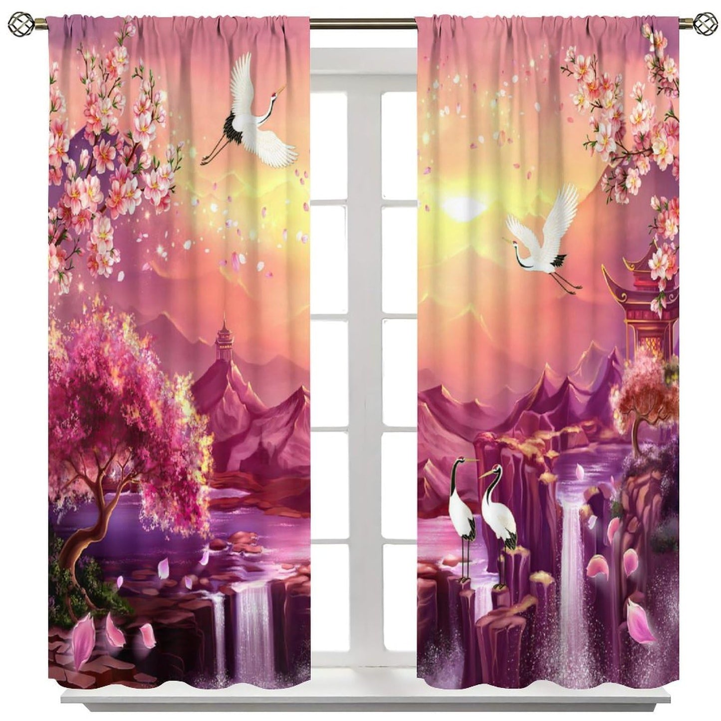 AuiMzoo Cherry Blossom Curtains: Japanese-Style Cranes and Pagodas Against an Oriental Pink Backdrop, Ideal As Blackout Curtains for Bedrooms and Living Rooms42X45 Inch
