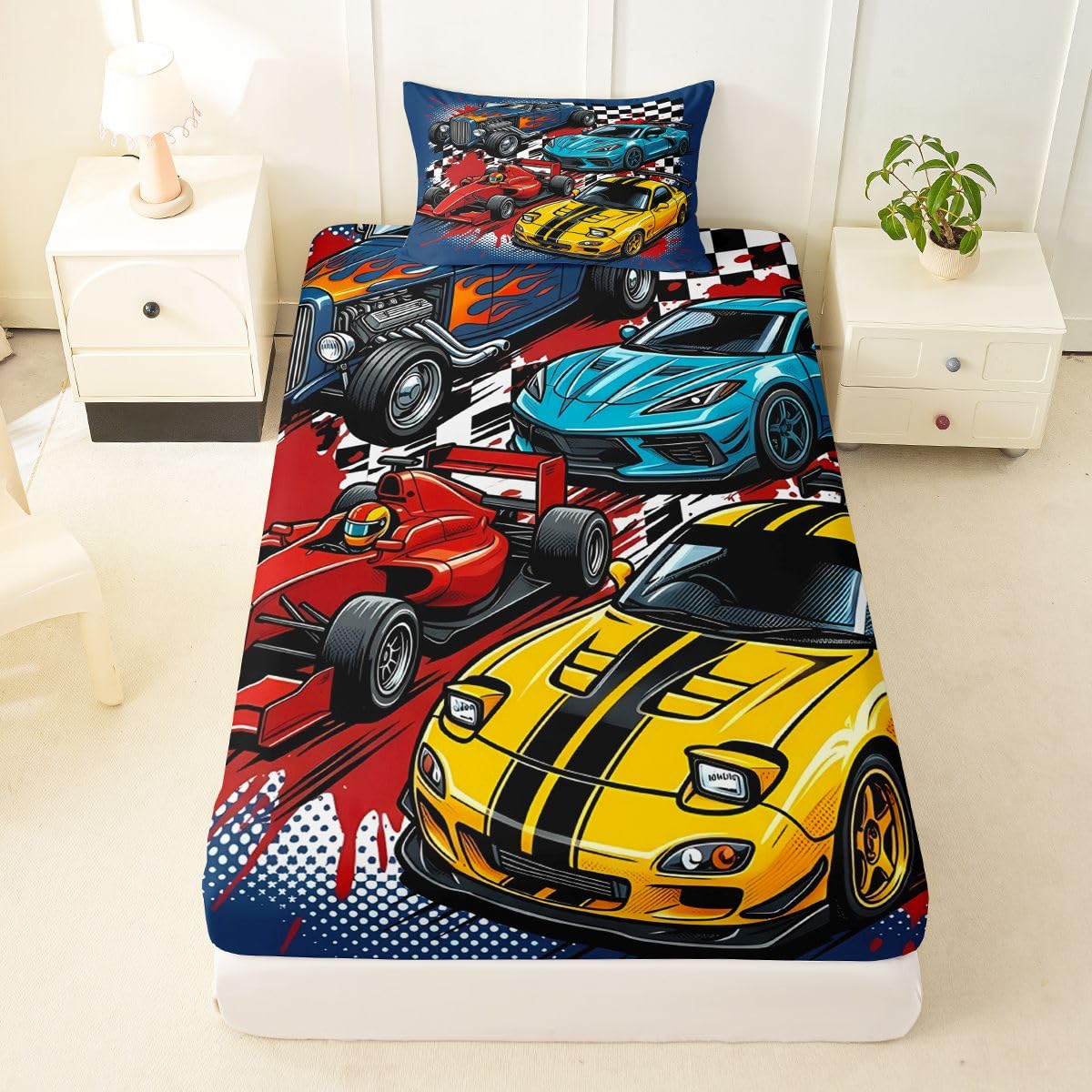 Feelyou Boys Race Car Fitted Sheet Twin Size for Kids Boys Girls Speed Sports Car Bed Sheets Set 16" Deep Pocket Soft Breathable Extreme Sports Bedding with 1 Pillowcase Automobile Room Decor