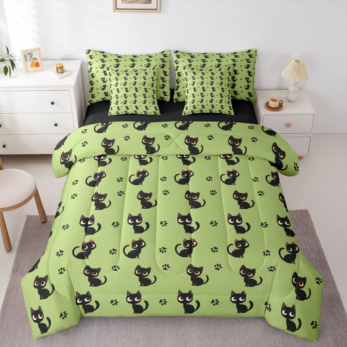Cute Black Cat 7-Piece Bedding Set Full Size for Kids Boys Girls (Green Black) - Funny Cute Kitten Bed in a Bag Cartoon Black Cats Comforter Set with Sheets Kawaii Cat Paw Print Duvet Insert