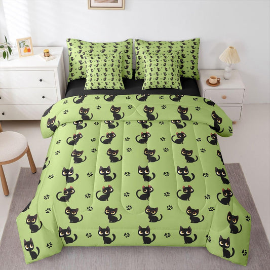 Cute Black Cat 7-Piece Bedding Set Full Size for Kids Boys Girls (Green Black) - Funny Cute Kitten Bed in a Bag Cartoon Black Cats Comforter Set with Sheets Kawaii Cat Paw Print Duvet Insert