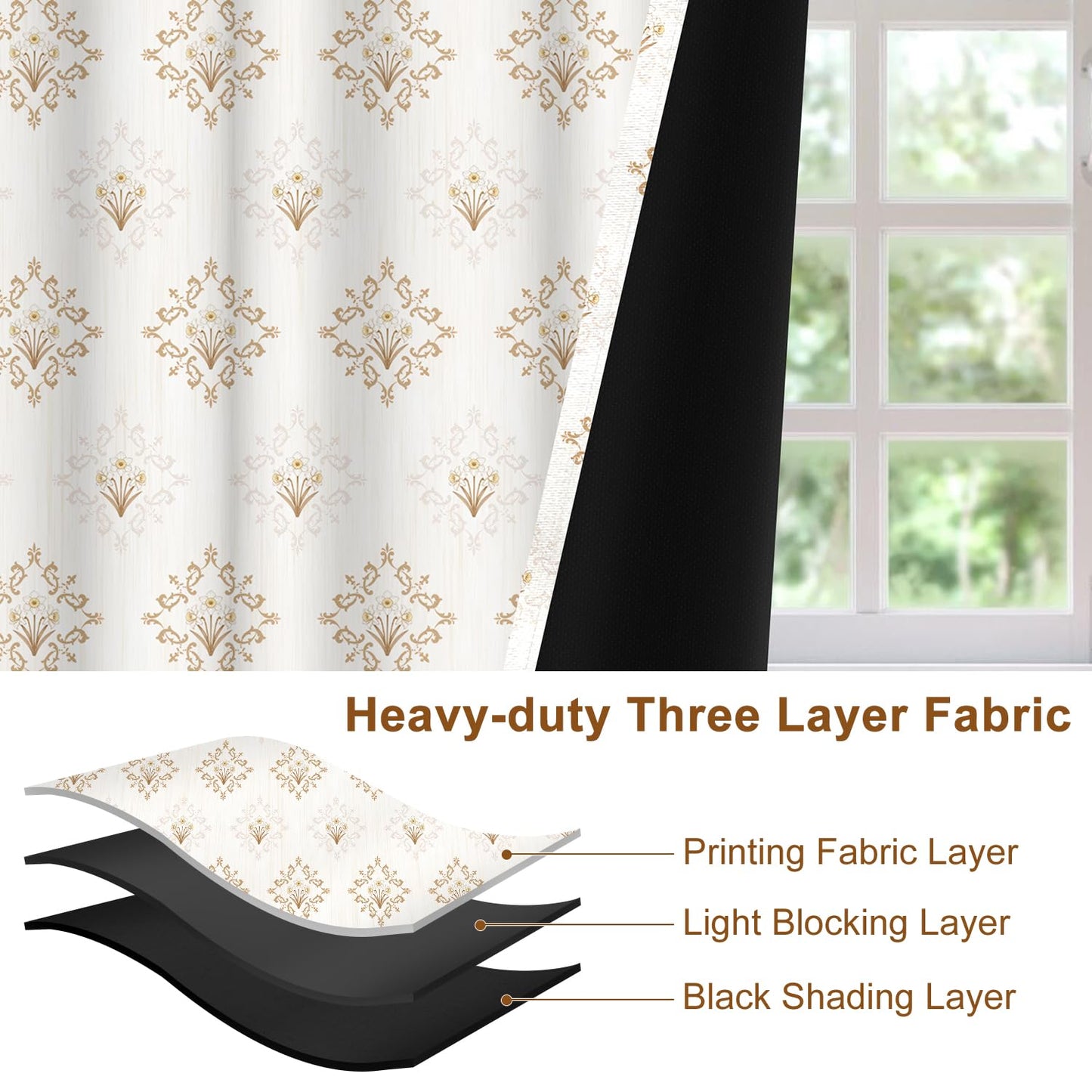 Xiazhilaio Cream and Gold Blackout Curtains 2 Panels Set - Geometric Floral Damask Printed Grommet Window Drapes for Bedroom Living Room, Thermal Insulated Room Darkening Curtains 84 Inches Long