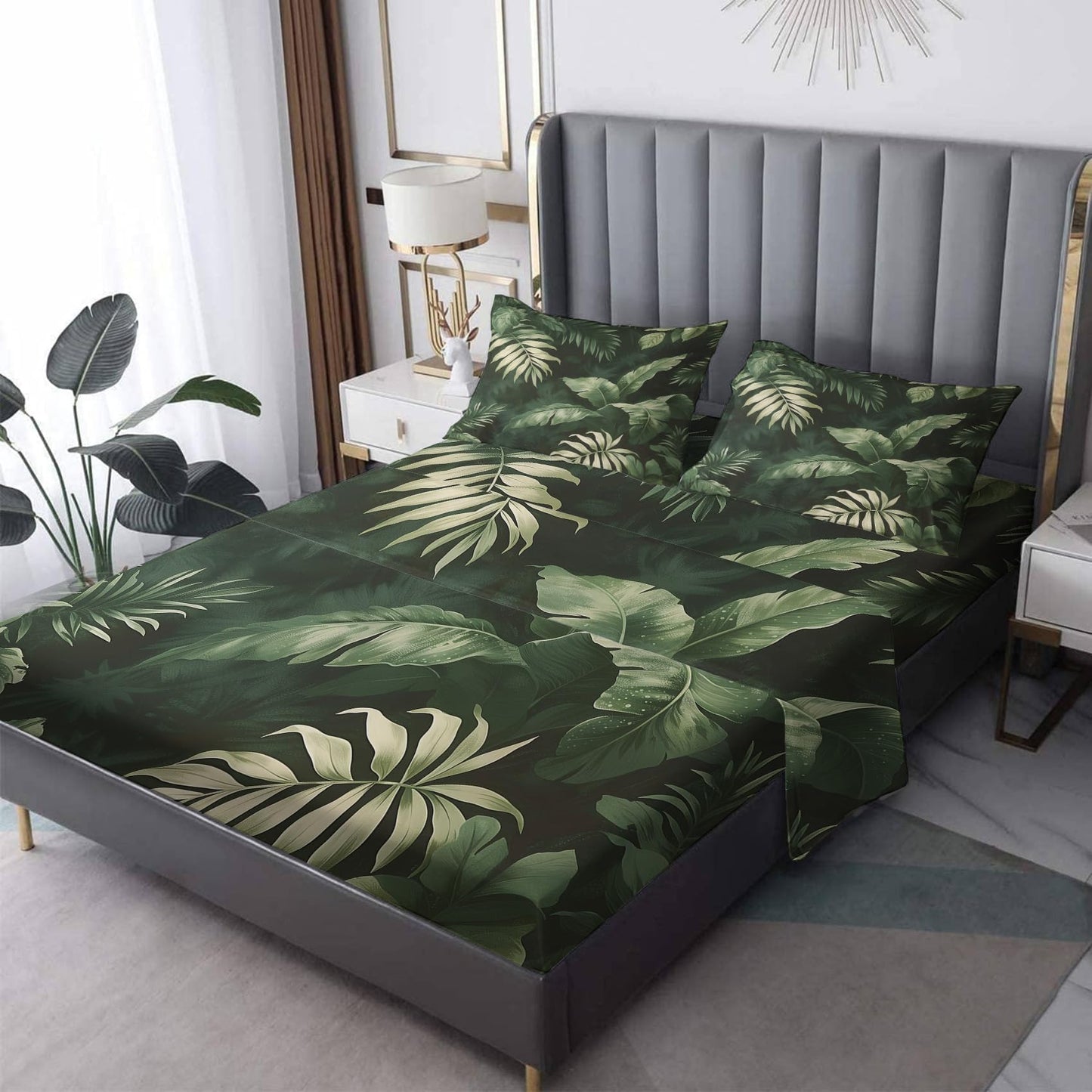 NOGAWA Green Leaf Sheets Queen, Tropical Leaves Bed Sheets, Deep Pocket & Soft Microfiber Bedding Sheets & Pillowcases 4 Piece - Fitted Sheet & Flat Sheet & 2 Pillow Cases