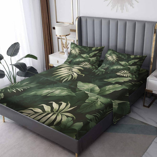 NOGAWA Green Leaf Sheets Queen, Tropical Leaves Bed Sheets, Deep Pocket & Soft Microfiber Bedding Sheets & Pillowcases 4 Piece - Fitted Sheet & Flat Sheet & 2 Pillow Cases