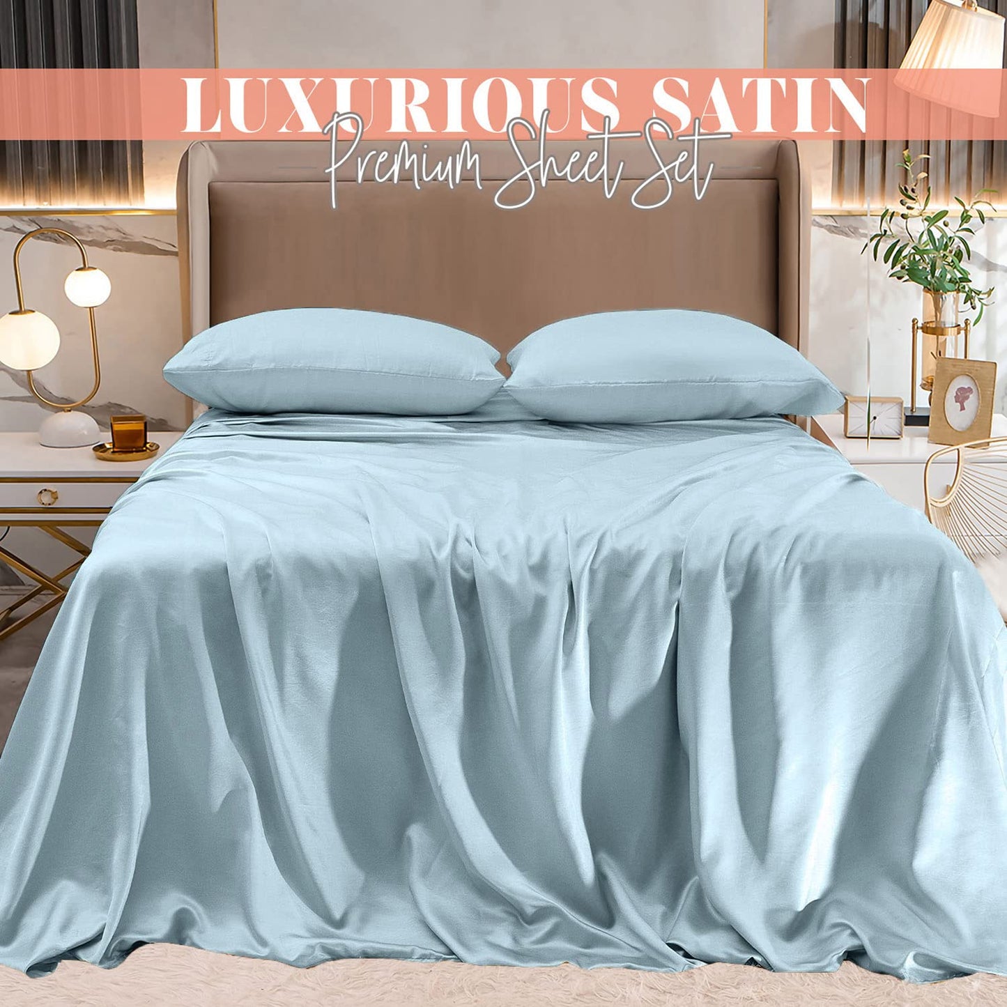 Elegant Comfort Luxurious 4-Piece Silky Satin Sheet Set, Skin and Hair Friendly, Wrinkle, Fade, Stain Resistant with Deep Pockets Fitted Sheet, Cooling Soft Satin Sheet Set, Twin XL, Baby Blue