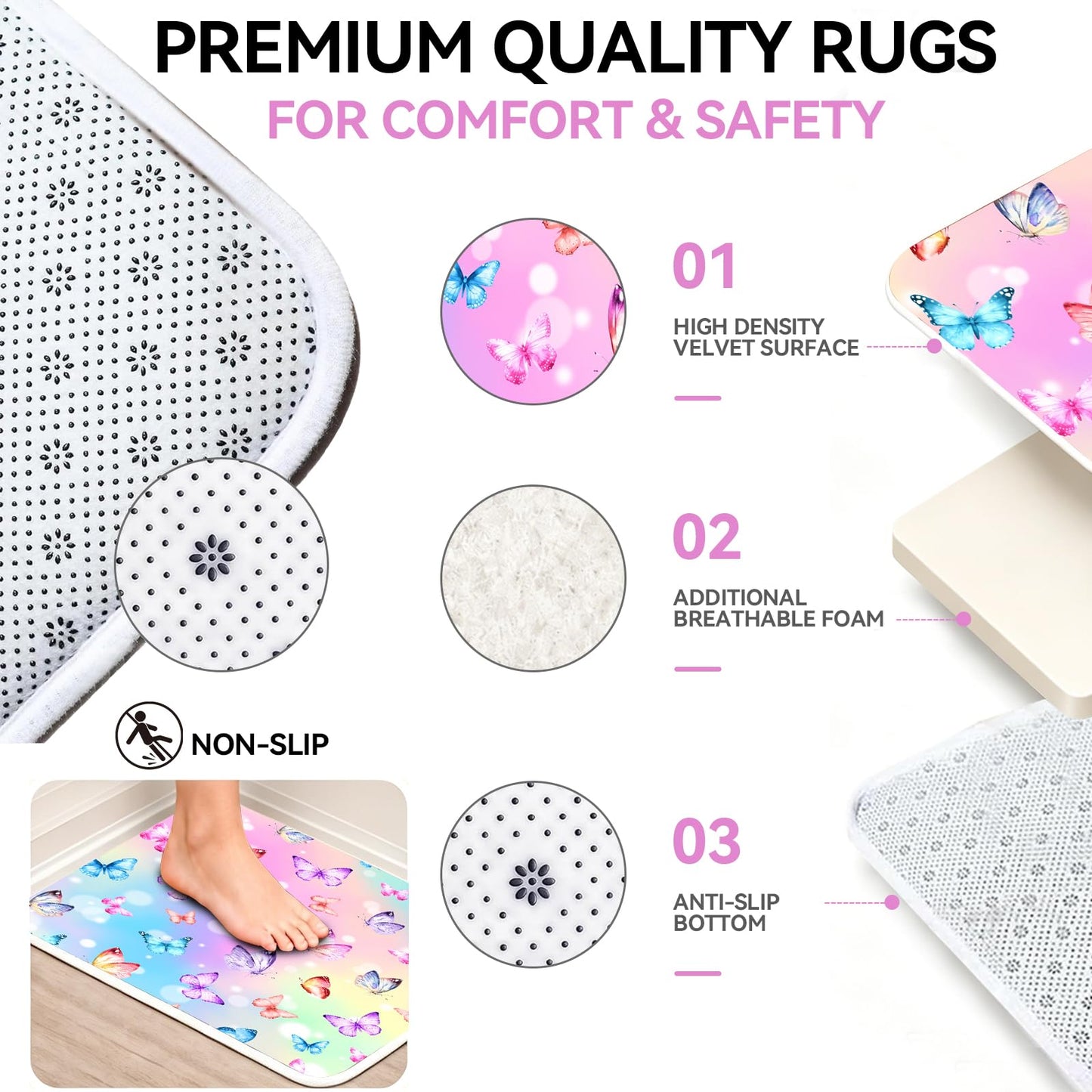 Muuyi 4Pcs Pink Bathroom Sets with Shower Curtain and Rugs, Gradient Butterfly Cute Shower Curtain Set, Women Girly Bathroom Decor, Includes Non-Slip Bath Mat, Toilet Lid Cover & 12 Hooks, 71" x 71"