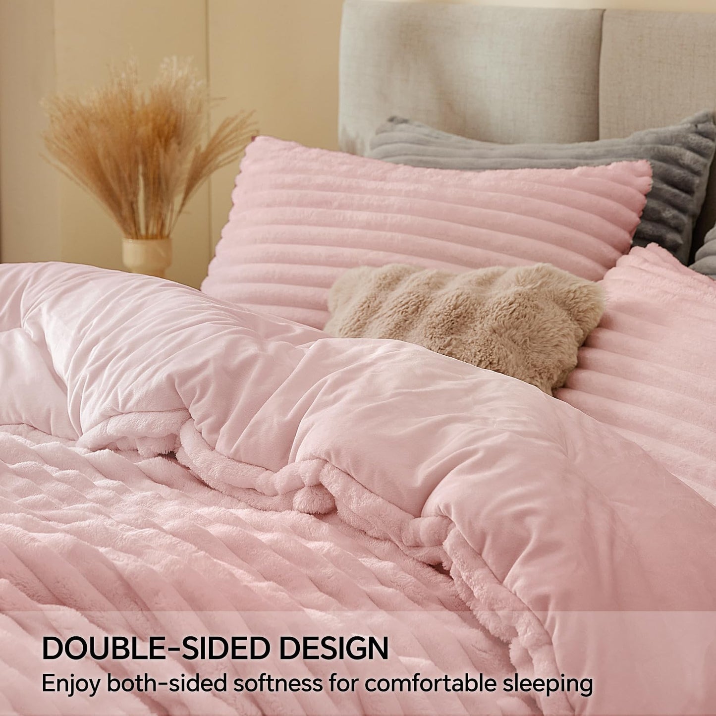 BEDELITE Fleece Queen Comforter Set -Super Soft & Warm Fluffy Pink Bedding, Luxury Fuzzy Heavy Bed Set for All Season with 2 Pillow Cases