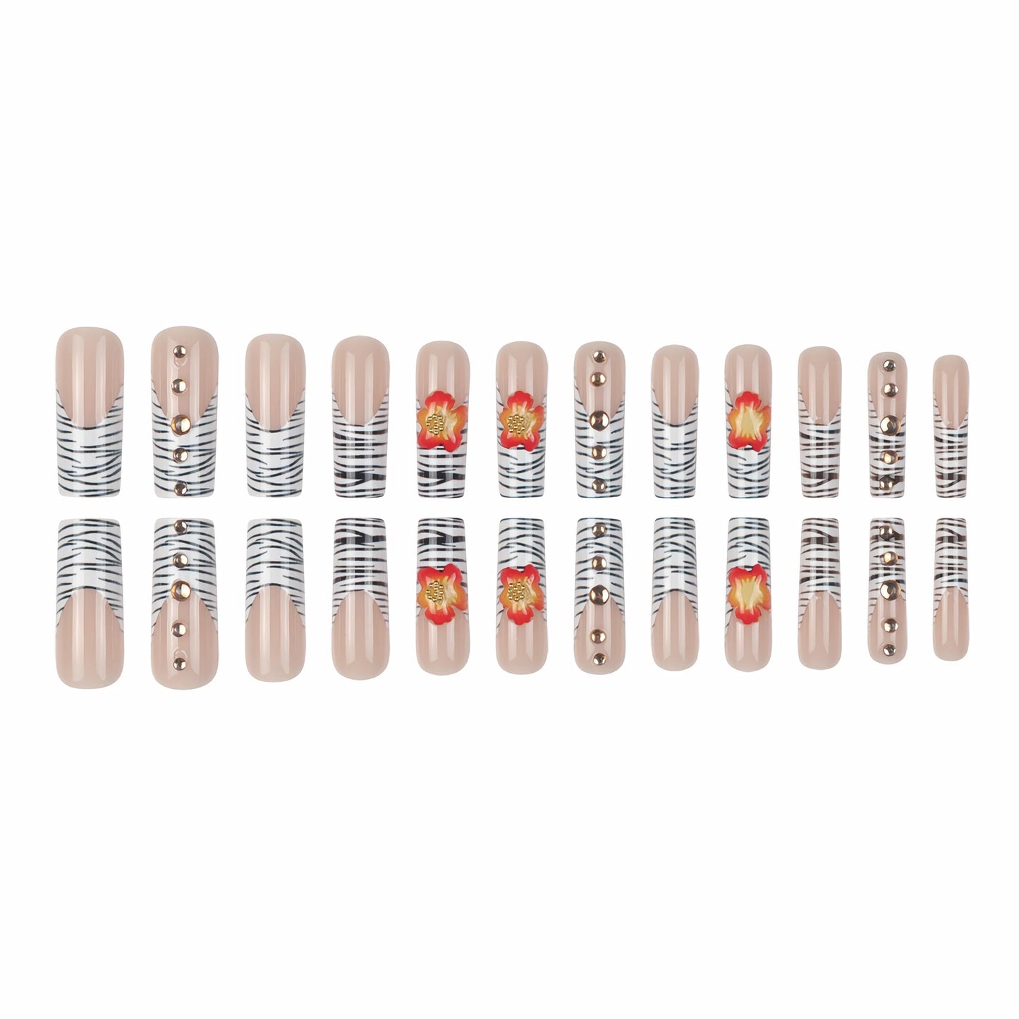 BABALAL Press on Nails Long Square Fake Nails Y2k Zebra White French Tip Glue ons 3D Texture Orange Flower Handmade Supplies with Rhinestone Luxury 24Pcs Wild Fall Glossy Full Cover False Nails