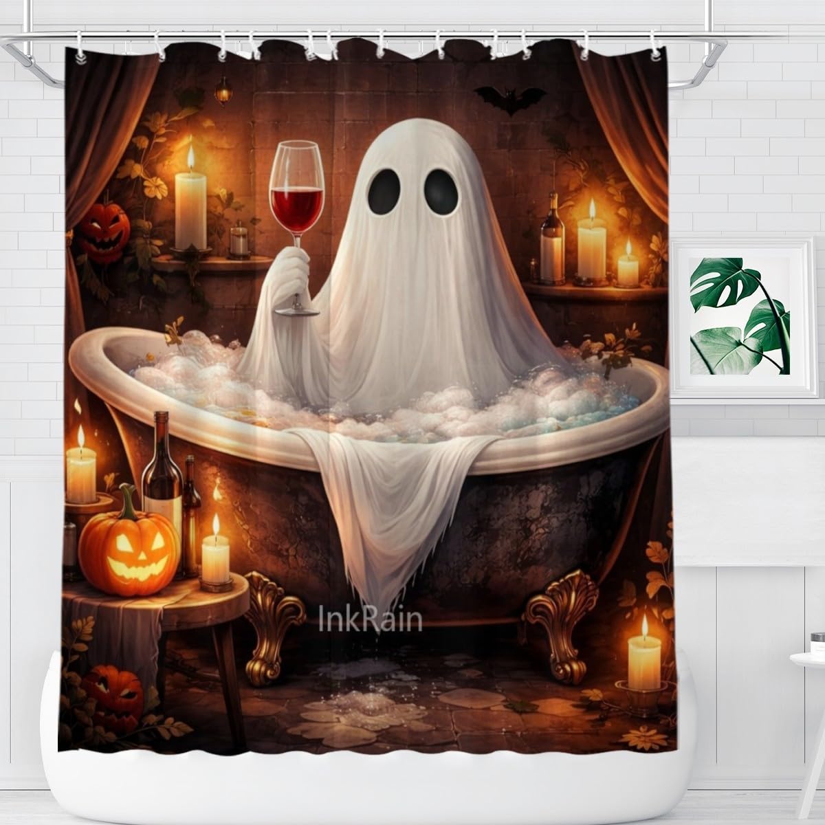 InkRain Halloween Ghost Shower Curtain 70x84 Inch with 12 Hooks, Cute Spooky Bathtub Ghost Bathroom Decor, Waterproof Fabric, Funny Halloween Home Bathroom Decoration