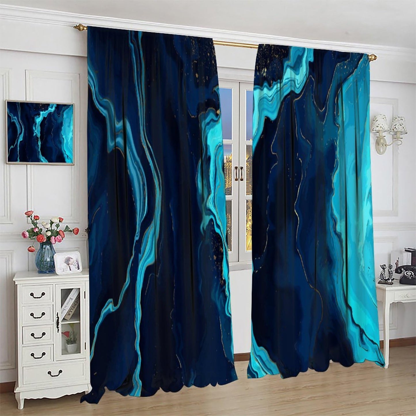 Blue Marble Curtains, Abstract Marble Texture Marbling Printed Window Treatments for Living Room Bedroom Kitchen Decor, Modern Elegant Blue Pink Drapes Set 2 Panels,42x45 Inches