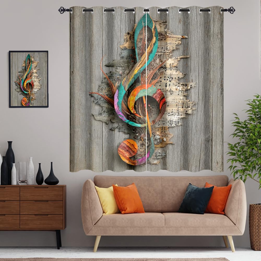XSUPFLYM Classic Rustic Musical Note Art Window Blackout Curtains Beautiful Realistic Wooden Elegant Music Note Thermal Curtains Suitable for Bedroom 2 Panels.Each 21" W x 45" L