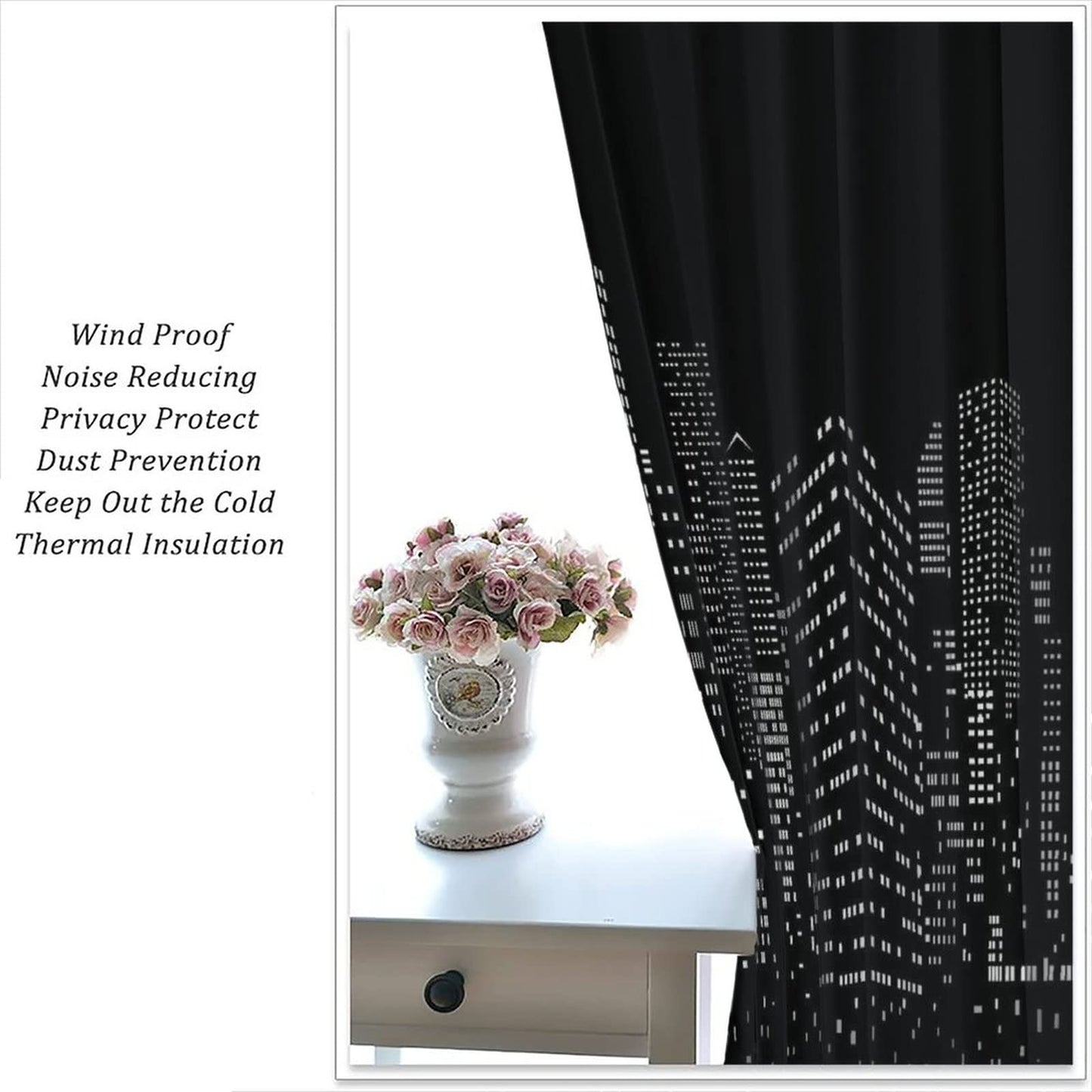 Yearn Jear New York Curtains Black White Modern Night City Window Drapes for Bedroom Living Room Cafe 2 Panels W42 x L45 Inch