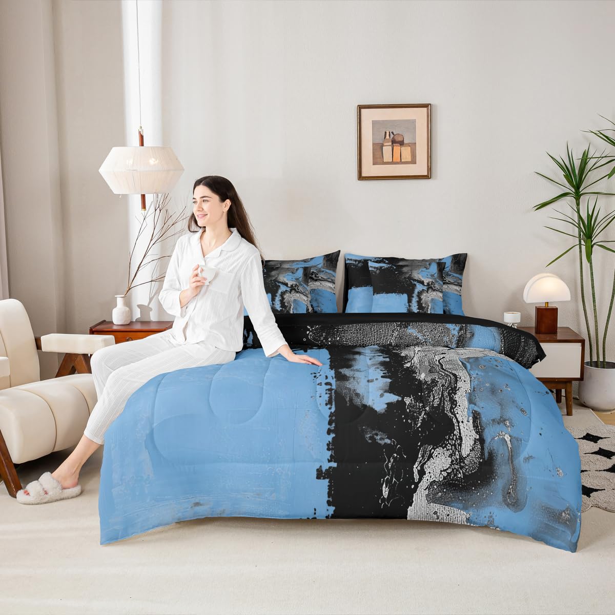 Feelyou Abstract Comforter Set King Size 7 Pieces Modern Abstract Art Bedding Set Luxury Bed in a Bag with Comforter, Sheets, Pillowcases, Cushion Covers Geometric Bedroom Decor Vivid Blue Black