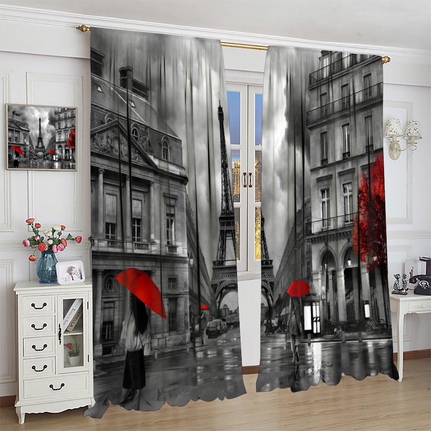 Wallira Paris Eiffel Tower Curtains Black Red French City Romantic European Lady Stylish Decor Rod Pocket Window Treatments for Girl Women Aldult Bedroom Living Restaurant Drapes 41" W X 45" L