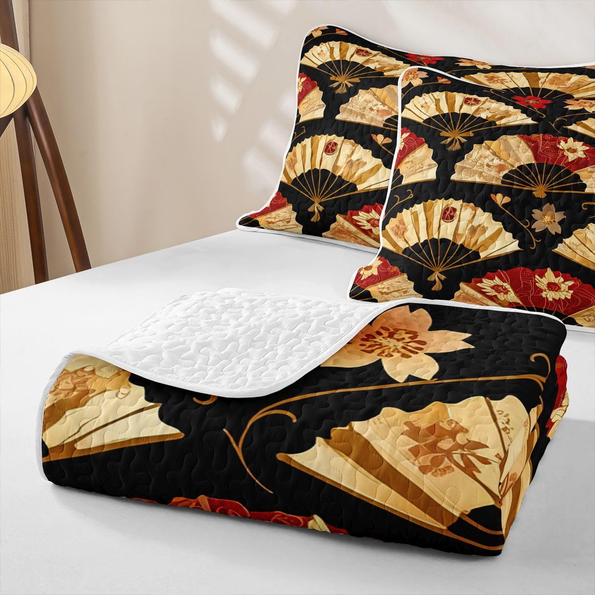 Erosebridal Japanese Folding Fans Quilt Twin Size - Japanese Style Bedspread Cherry Blossoms Bed Coverlet with 1 Pillowcase