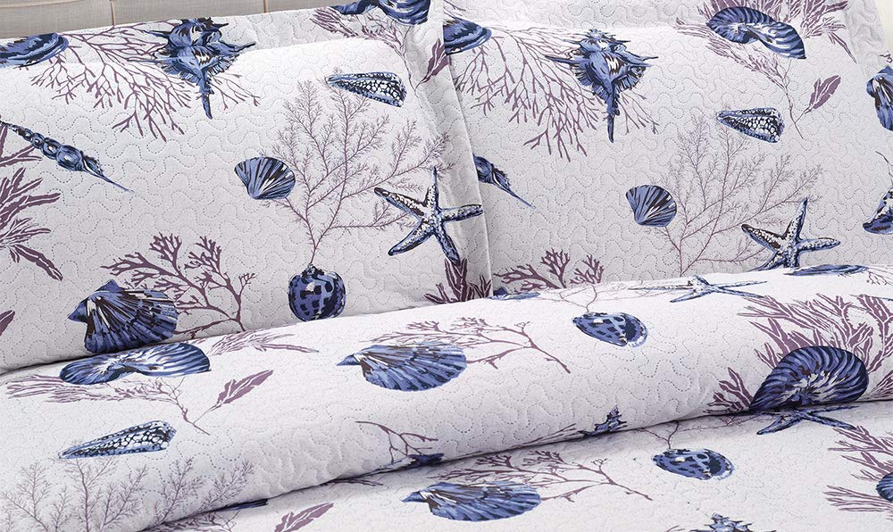 King Size Beach Quilt Set - Lightweight Reversible Quilt, Bedspread & Coverlet - Coastal Ocean Bedding - Starfish & Conch Shell Home Decor - Blue