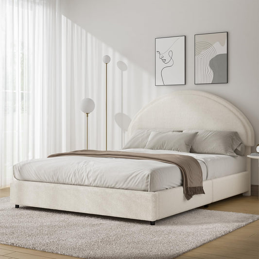 REVOMINCA Full Size Bed Frame with Round Headboard, Upholstered Platform Bed Frame, Boucle Soft Bed Frame, Modern Style, No Box Spring Required, Easy Assembly, White