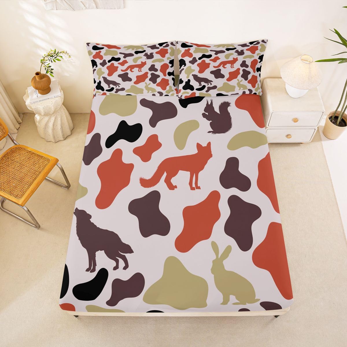Manfei Camo Animals Fitted Sheet Twin Size,Bear Wolf Rabbit Wildlife Design Bedding Set 2pcs,Army Camouflage Bed Sheets with 1 Pillowcase,Kids Boys Girls Room Decor,Soft Deep Pocket Bedding(No Flat)