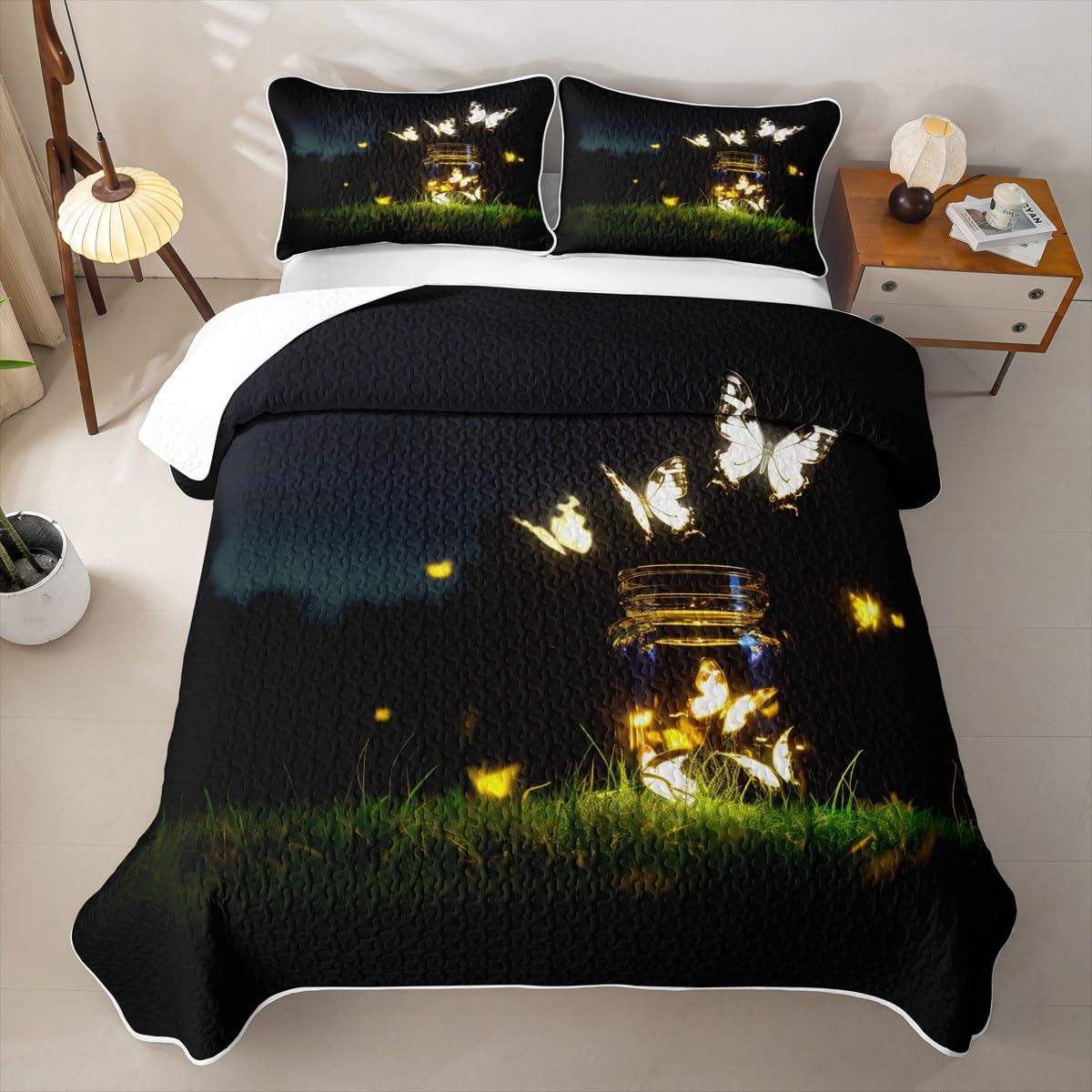 Erosebridal Butterfly Quilt Set Twin Wild Animals Quilt Girls Women Night View Bedding Coverlet with 1 Pillowcase Retro Vintage Romantic Style Bedspread