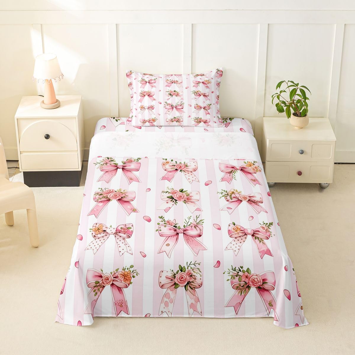 Erosebridal Kawaii Cute Bow Sheet Set Cartoon Bowknot Flowers Boho Twin Sheets Set for Young Boys,Pink White Geometric Stripes Bohemian Floral Bow Tie Fitted Sheet