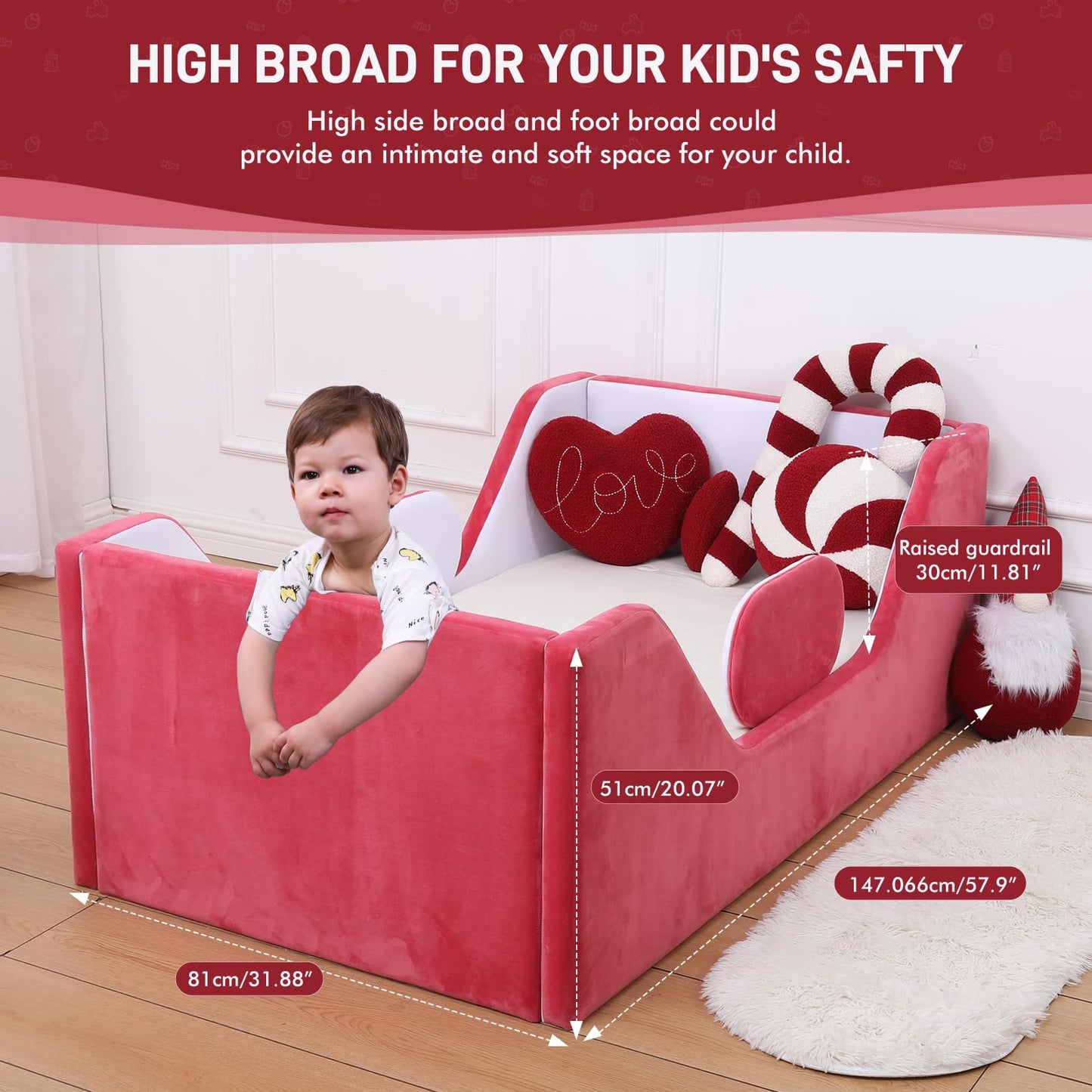 weeonekids Toddler Bed, Child Bed for Kids with Extra Safty Broad, Standard Crib Size Toddler Bed, Certified Fabric Toddler Beds,Toddler Flood Bed (Mixed White/Red)
