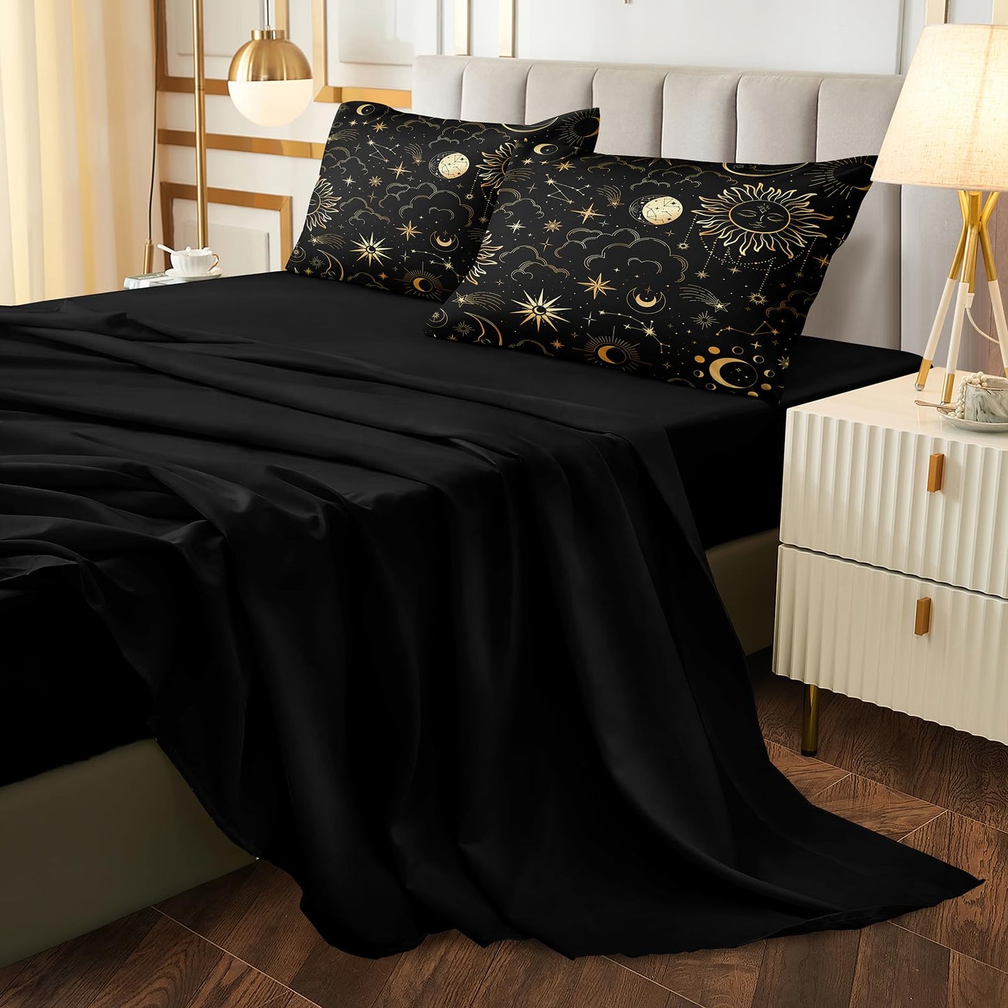 Bedding_Dreamer Black and Gold Queen Bed in a Bag Sun and Moon Bedding Set Mysterious Space Home Decor Galaxy Down Comforter Black Sheet Sets 8 Pcs Soft Microfiber for Kids Adults