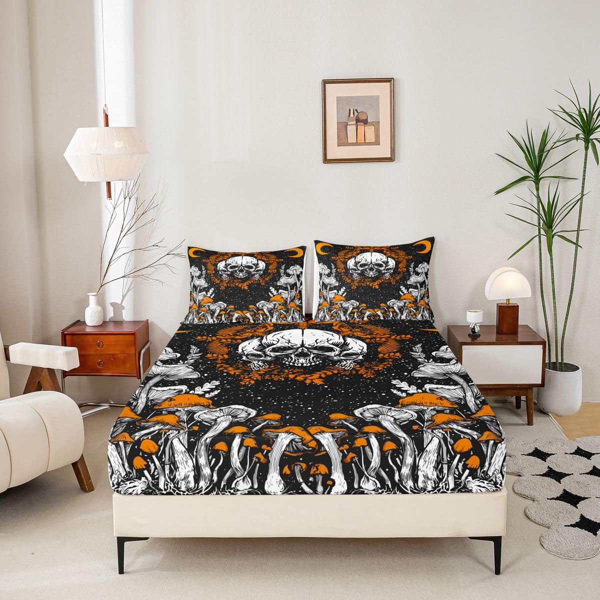 Erosebridal Gothic Skull Sheet & Pillowcase Sets Halloween Bed Sheets Aesthetic Mushroom Sheet Set Queen Hippie Moon Phase Sheets Cosmos Celestial Bed Sets for Kids Teens Room Decor
