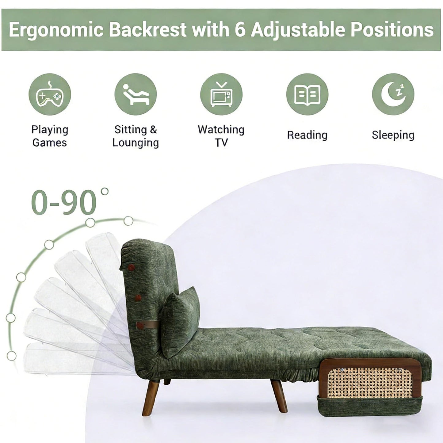 3-in-1 Convertible Sleeper Chair Bed for Adults, Chenille Fabric Armchair with 5-Level Adjustable Backrest, Folding Single Sofa Couch Futon Guest Bed with Pillow for Small Spaces, Office, Green 35.43"