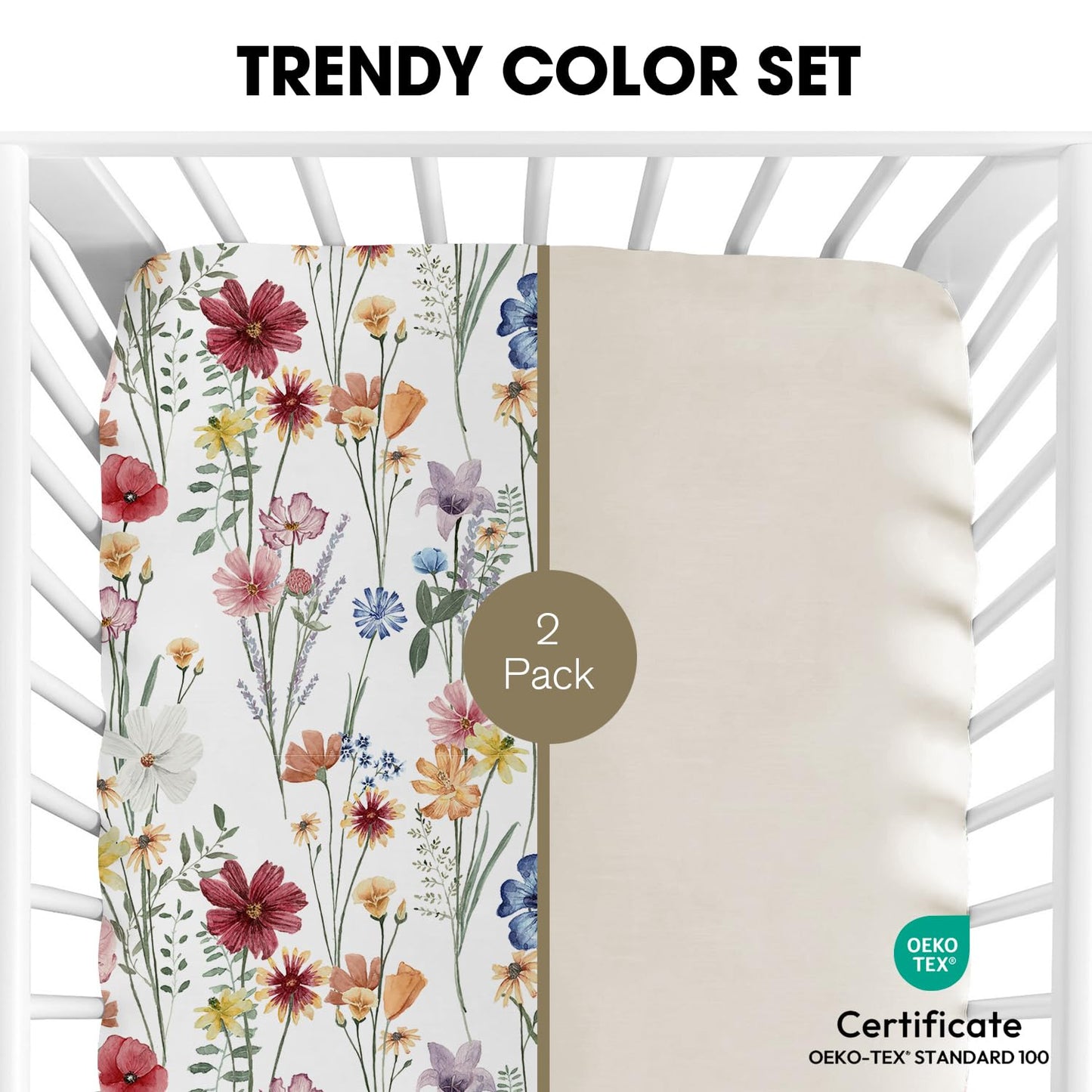 Little Grape Land Crib Sheets for Girls and Boys, 2pk Baby Crib Fitted Sheet for Standard Size Crib and Toddler Mattress, Super Soft Baby Sheet (Spring Flower & Beige)