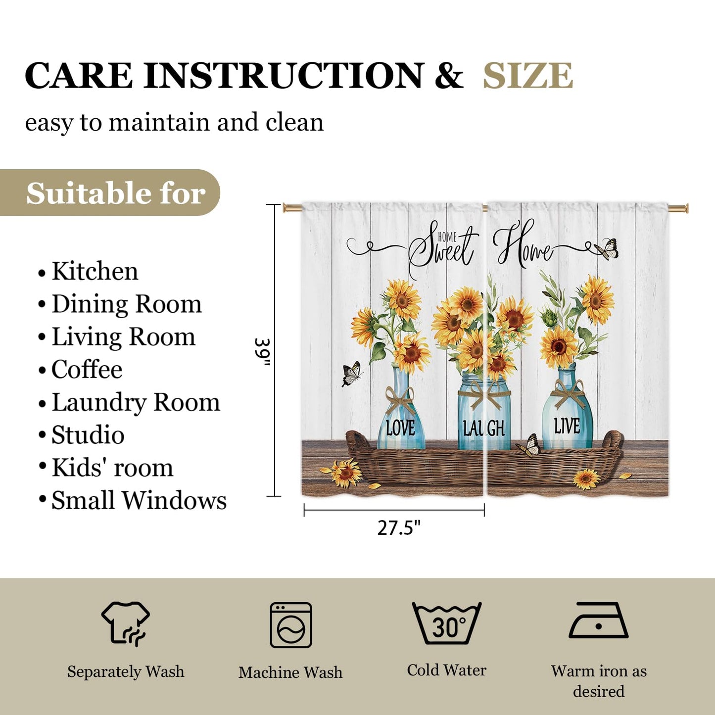 Cizuug Farmhouse Sunflower Kitchen Curtains Rustic Flower Inspirational Small Short Cafe Window Curtains Wooden Country Bathroom Living Room Bedroom Drapes Treatment 2 Panels
