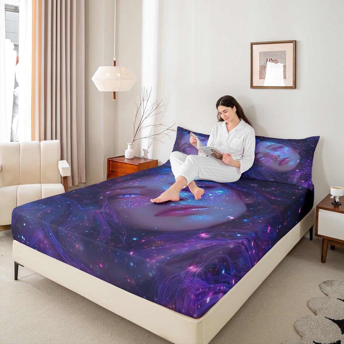 Erosebridal Anime Girl Bed Sheets Queen Size Galaxy Star Girls Fitted Sheet, Modern Fantasy Dreamy Girly Bed Set for Men Women Japanese Girl 3D Sheets 3 Pieces (No Flat Sheet)