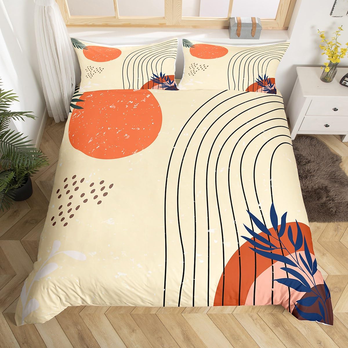 Retro Minimalism Comforter Cover Hippie Modern Bed Set, Mid Century Duvet Cover Queen Size Abstract Art Bedding Sets, Geometric Lines Stripes Bedspread Cover Red Sun Print Bedroom Decoratives