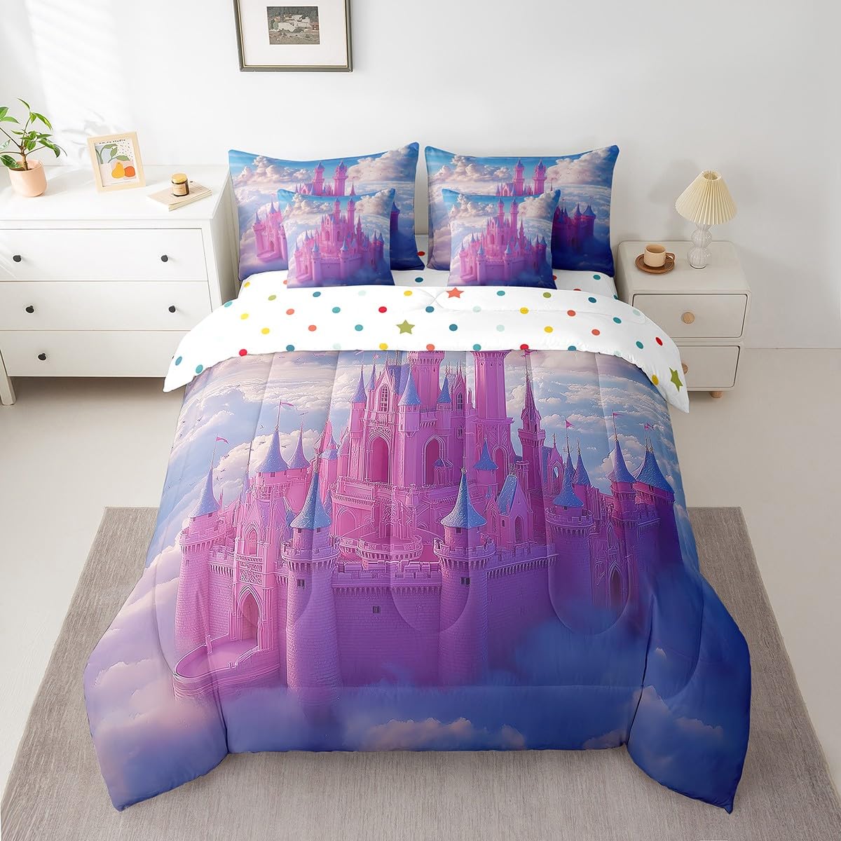 Erosebridal Princess Castle Comforter Set King,Girls Dreamy Fairy Tale Bedding Set 7Pcs for Kids Boys Teens,Fantasy Sky Cloud Bed in a Bag