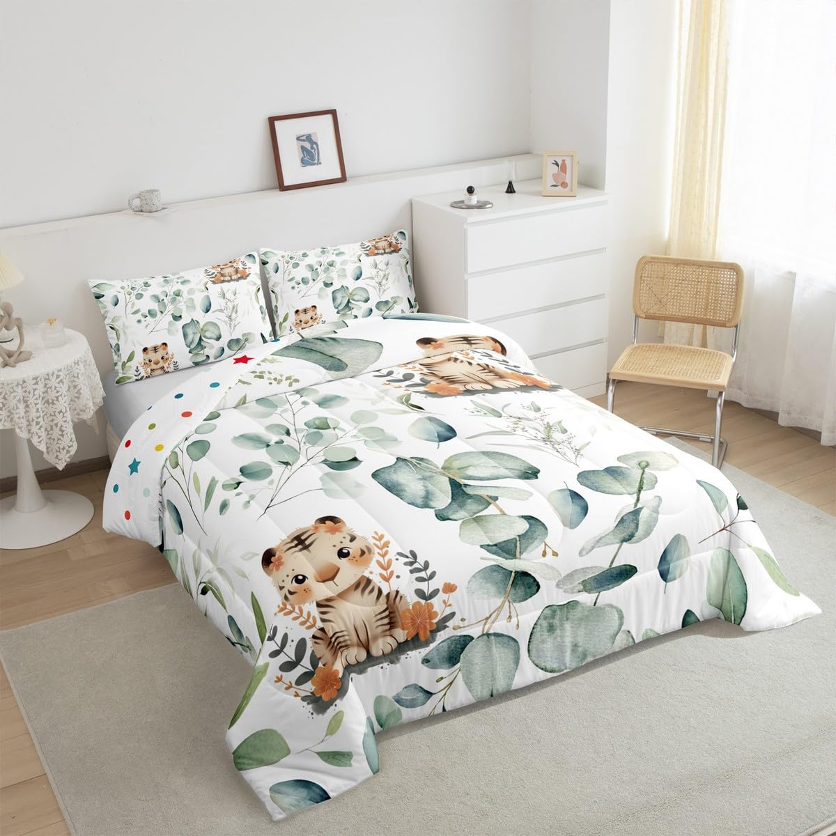 Erosebridal Kids Cute Animal Twin Comforter Set for Girls Boys Cartoon Tiger Bedding Set Twin, Spring Eucalyptus Bedding Comforter Sets Leaves Duvet Set, Kawaii Jungle Animal Quilted Comforter