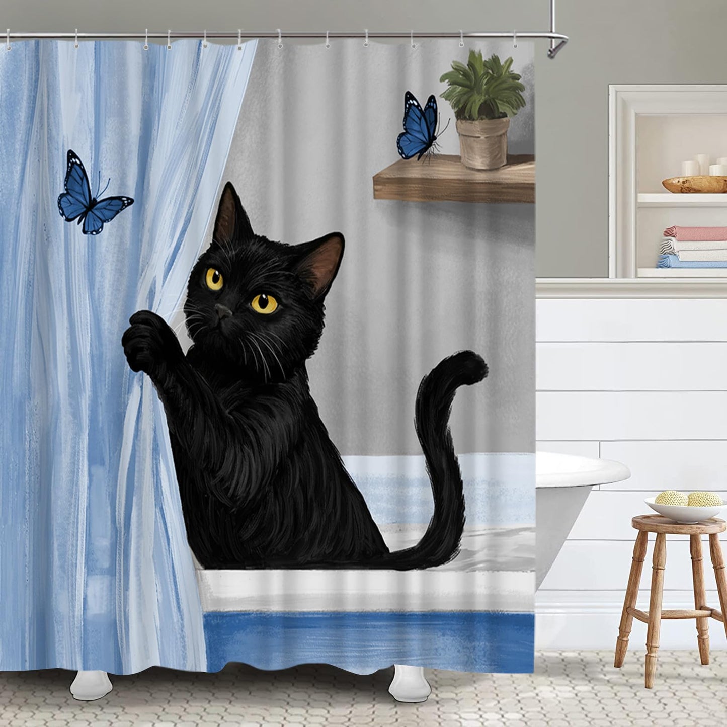 Conipit Cat Shower Curtain Cat with Butterflies Bathroom Curtain, Polyester, 72x72 Inches, Waterproof Bathroom Decor (Blue)