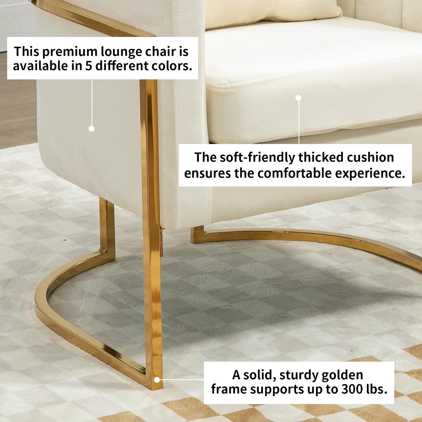 Newnno Velvet Accent Chairs Set of 2, Mid Century Modern Upholstered Barrel Armchair with Pillow for Living Room, Comfy Single Club Chair with Metal Gold Legs for Bedroom, White