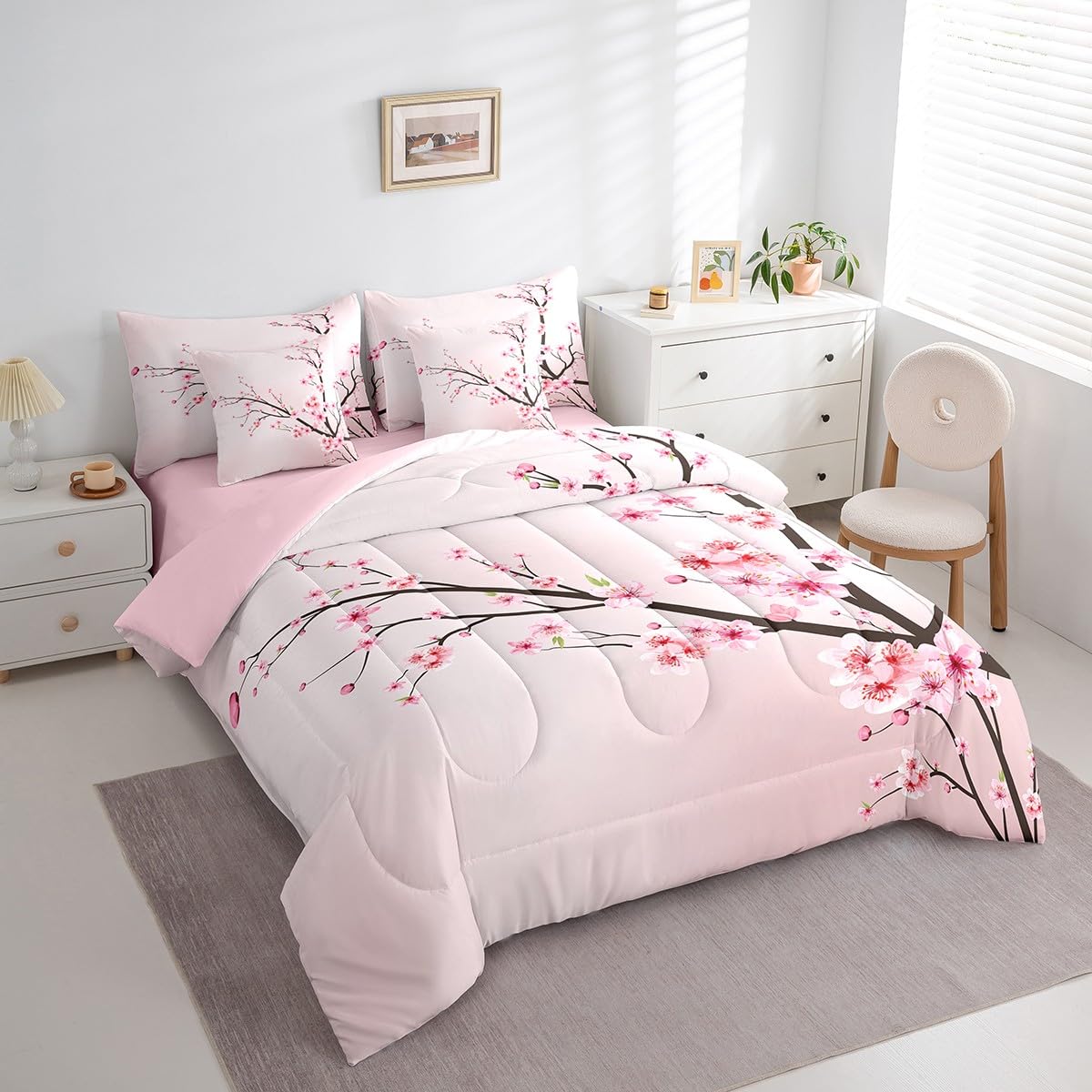 Feelyou Cherry Blossoms Bedding Set Sakura Branch Comforter Set Full Size 7 Pieces Pale Pink Bed in a Bag Girls Japanese Spring Bed Set with Comforter, Sheet Set, Pillowcases, Pillow Covers