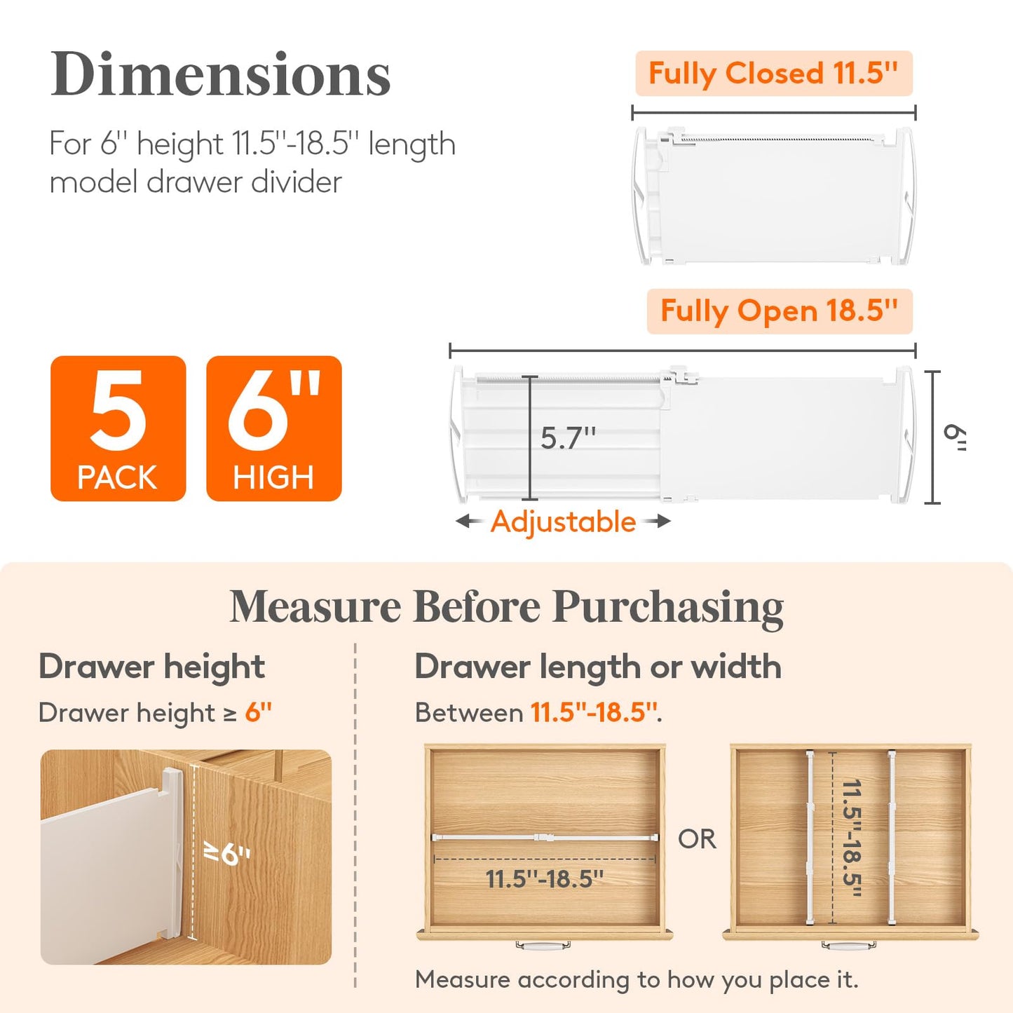 Lifewit 6" Tall 5 Pack Drawer Dividers, 11.5"-18.5" Adjustable Deep Drawer Organizer Clothes, Expandable White Plastic Separators for Dresser, Kitchen, Cabinet, Closet, Office Organization & Storage