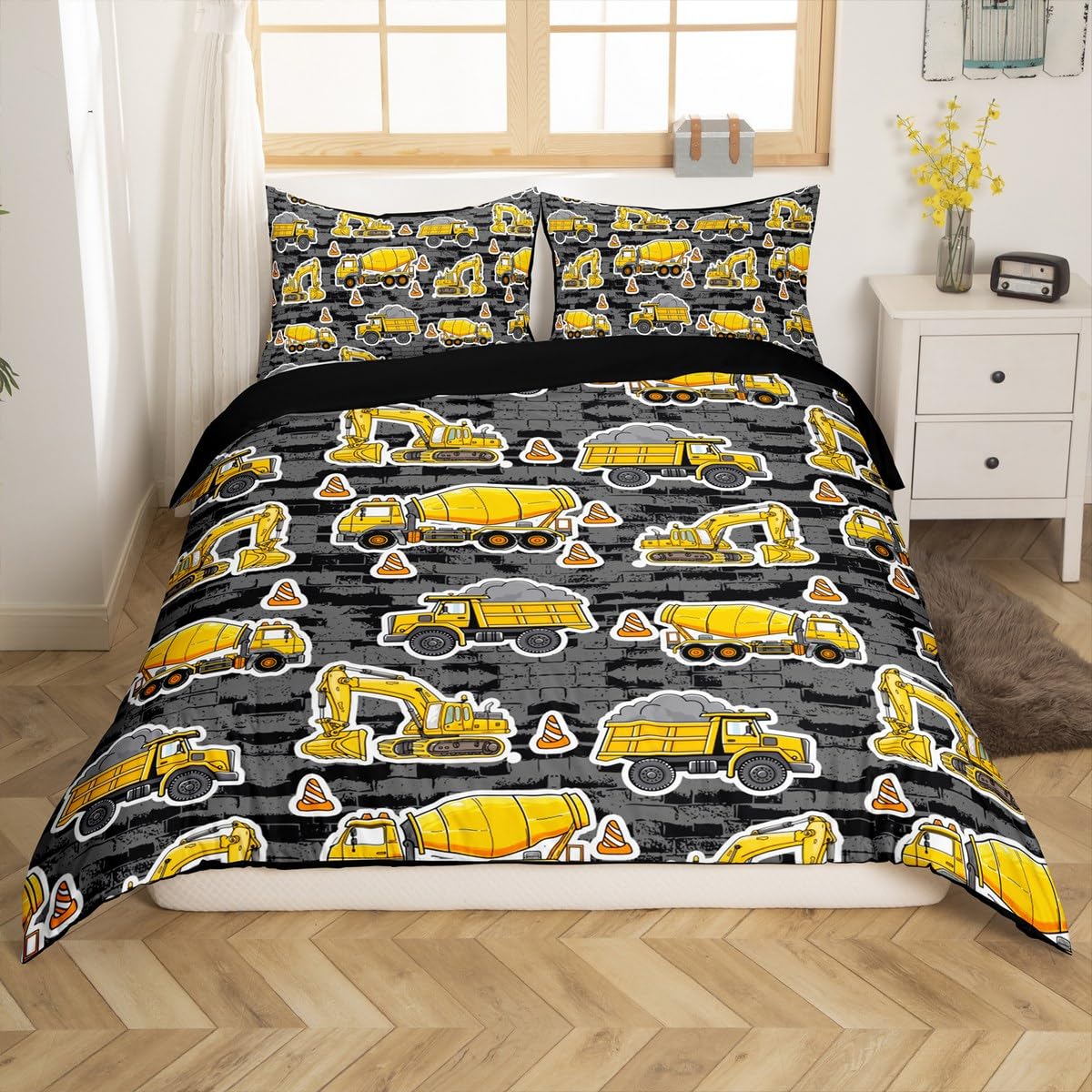 Erosebridal Excavator Comforter Cover Set Full Concrete Truck Pattern Duvet Cover Child Teens Construction Bedding Set for Kids Boys Cartoon Toy Cars Quilt Cover Bedroom Decor 3Pcs Bedclothes
