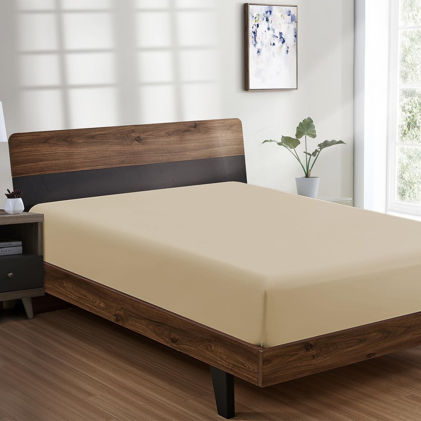 FreshCulture Queen Fitted Sheet - Hotel Quality, Ultra Soft & Breathable Brushed Microfiber, Deep Pocket, Cooling Fitted Sheets for Queen Size Bed (Beige)