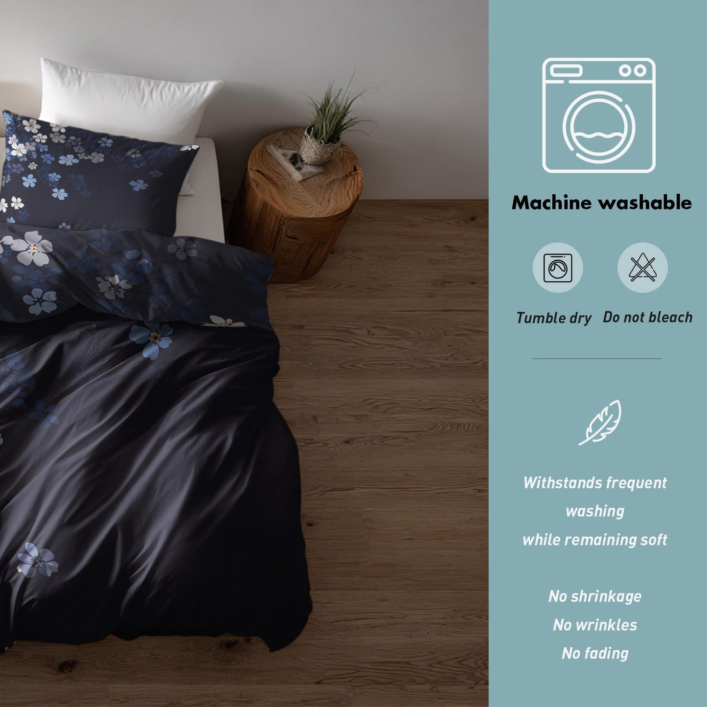 Navy Blue Floral King Size Duvet Cover Set 3 Piece, Botanical Flower Reversible Bedding with 2 Pillow Shams, Zipper & Ties, Ultra Soft Microfiber, Floral Bedroom Decorations 46A-I