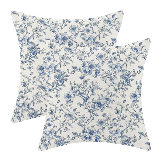 Sorktse Blue Pillow Covers 18x18 Inch Vintage Blue Floral Throw Pillow Covers Set of 2 Chinoiserie Farmhouse Outdoor Pillow Cases Home Decor for Living Room Bedroom Linen Square Cushion