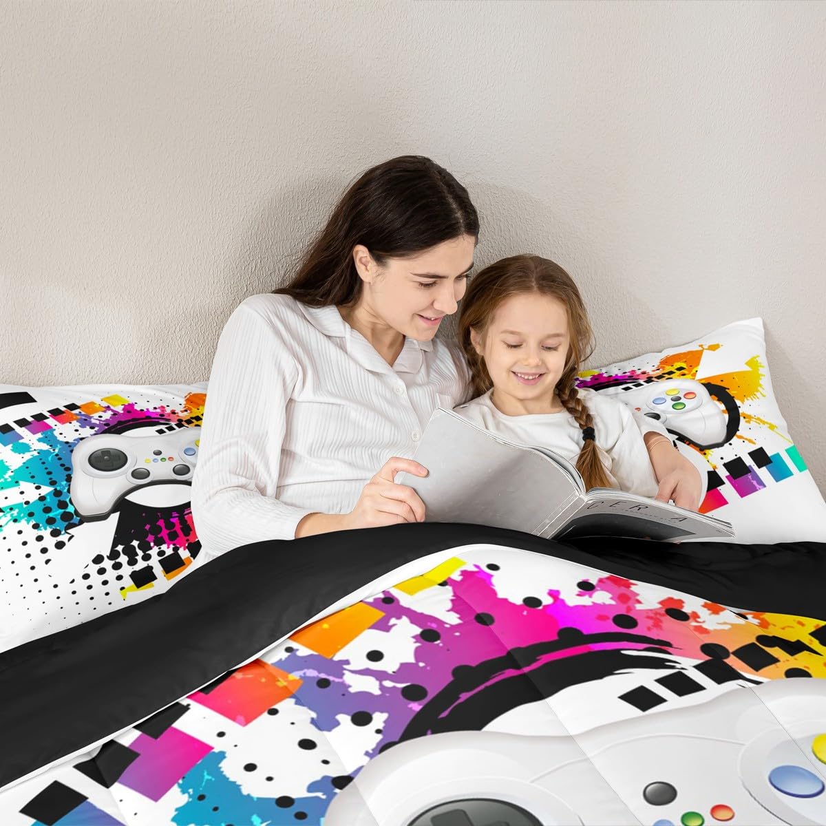 Kids Gaming Comforter Set Queen Gamer Bedding Set, Modern Console Game Controller Duvet Set For Boys Girls Teens, White Gamepad Quilt Set, Tie Dye Colorful Comforter Set Grey White Soft Bedding Set