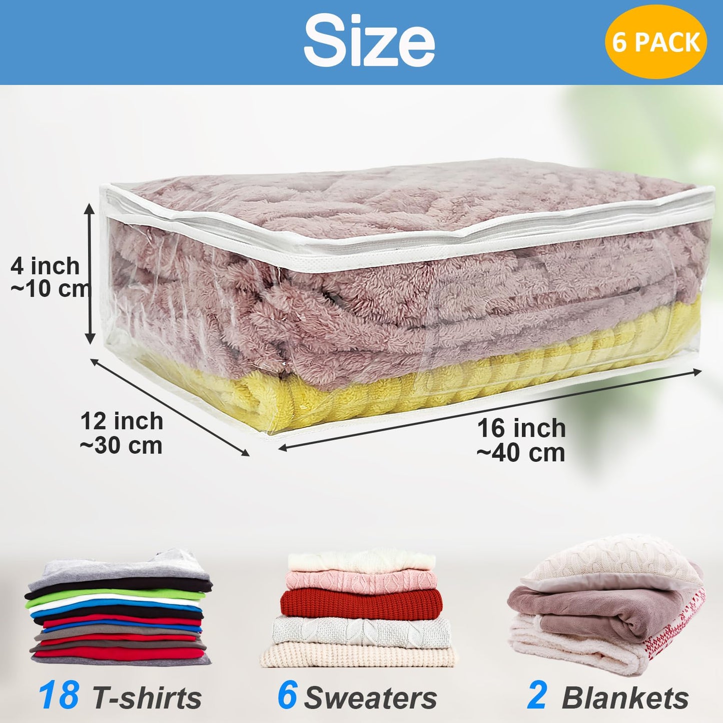 Esme L&H 6Pcs Sweater Storage Bags for Clothes, Clear Storage Bags with Zipper for Sweater Blanket Bed Sheet, Zippered Clothing for Blanket,Bedsheet,Linen,Bedding,16 * 12 * 4 Inch