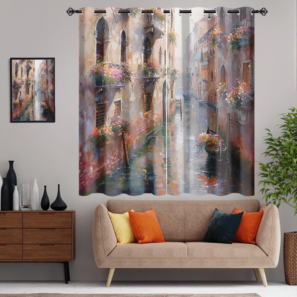 XSUPFLYM Rustic Oil Painting Landscape Privacy Perforated Curtains Modern Painting Art Mid Century Floral Architecture Curtains Top Grommets Window Treatment 2 Panels Each 21" W x 45" L