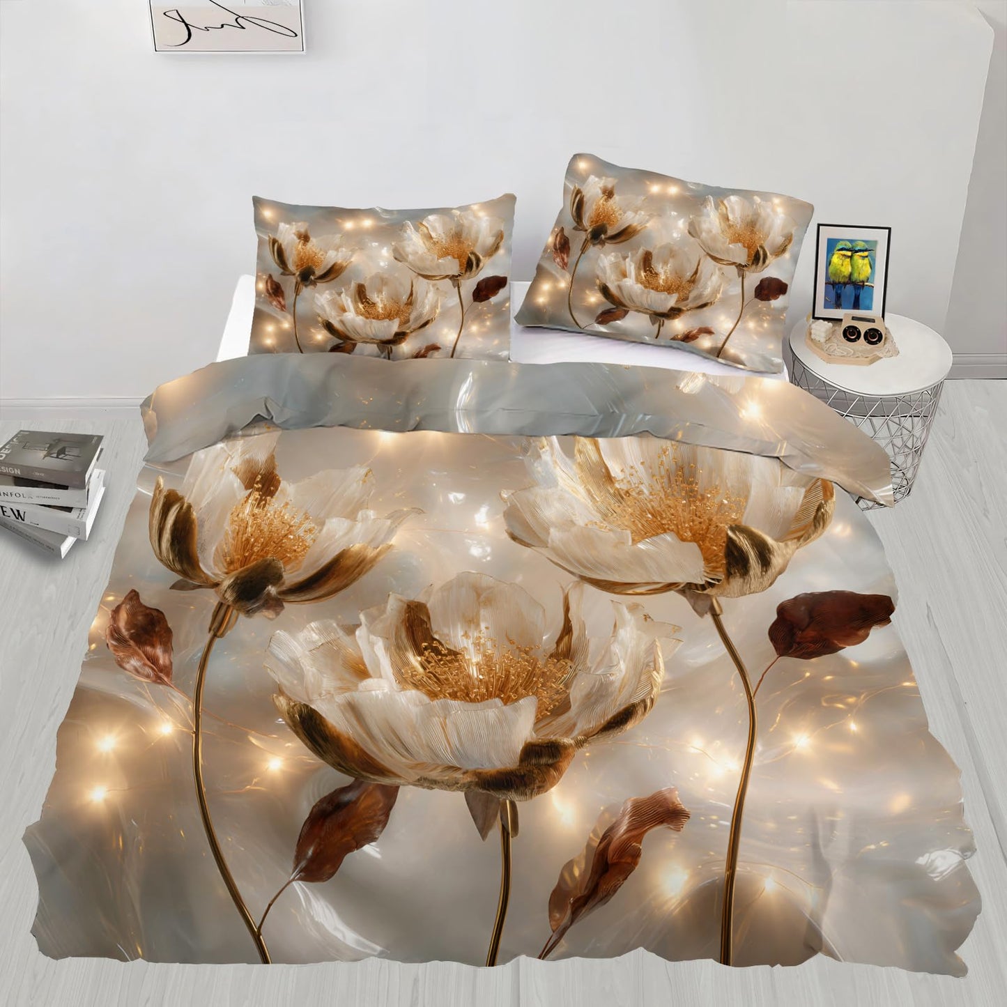 ZAOMIR Golden Floral Duvet Cover King Size, Luxurious 3D Relief Floral Bedding Set 3 Piece, Art Abstract Blossoms Flower Patterned Comforter Cover with Zipper & Ties, 2 Pillowcases