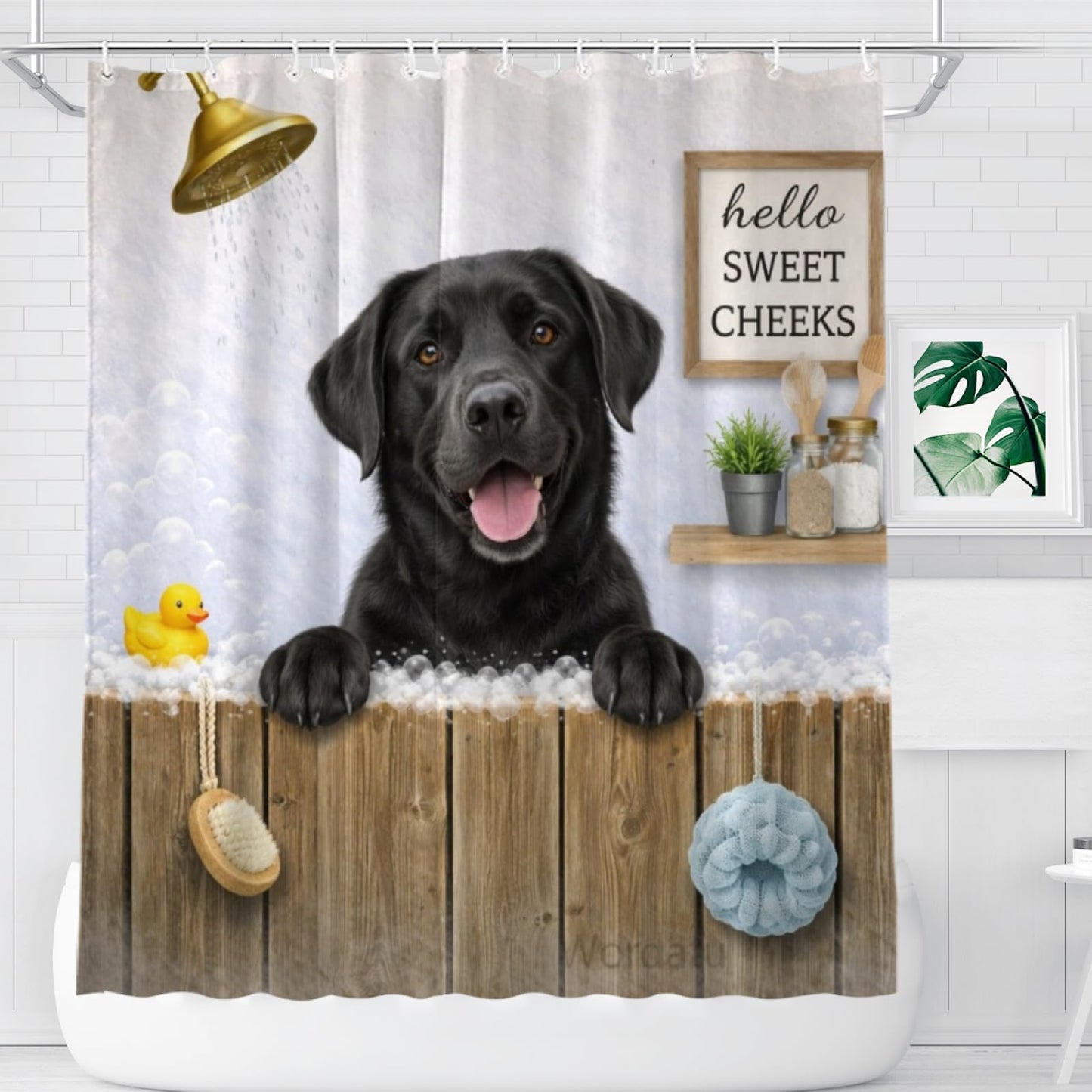 Wordatu Funny Black Labrador Dog Farmhouse Shower Curtain 72x72 Inch Rustic Hilarious Pet Animal Country Bathroom Set Accessories Decor with 12 Hooks