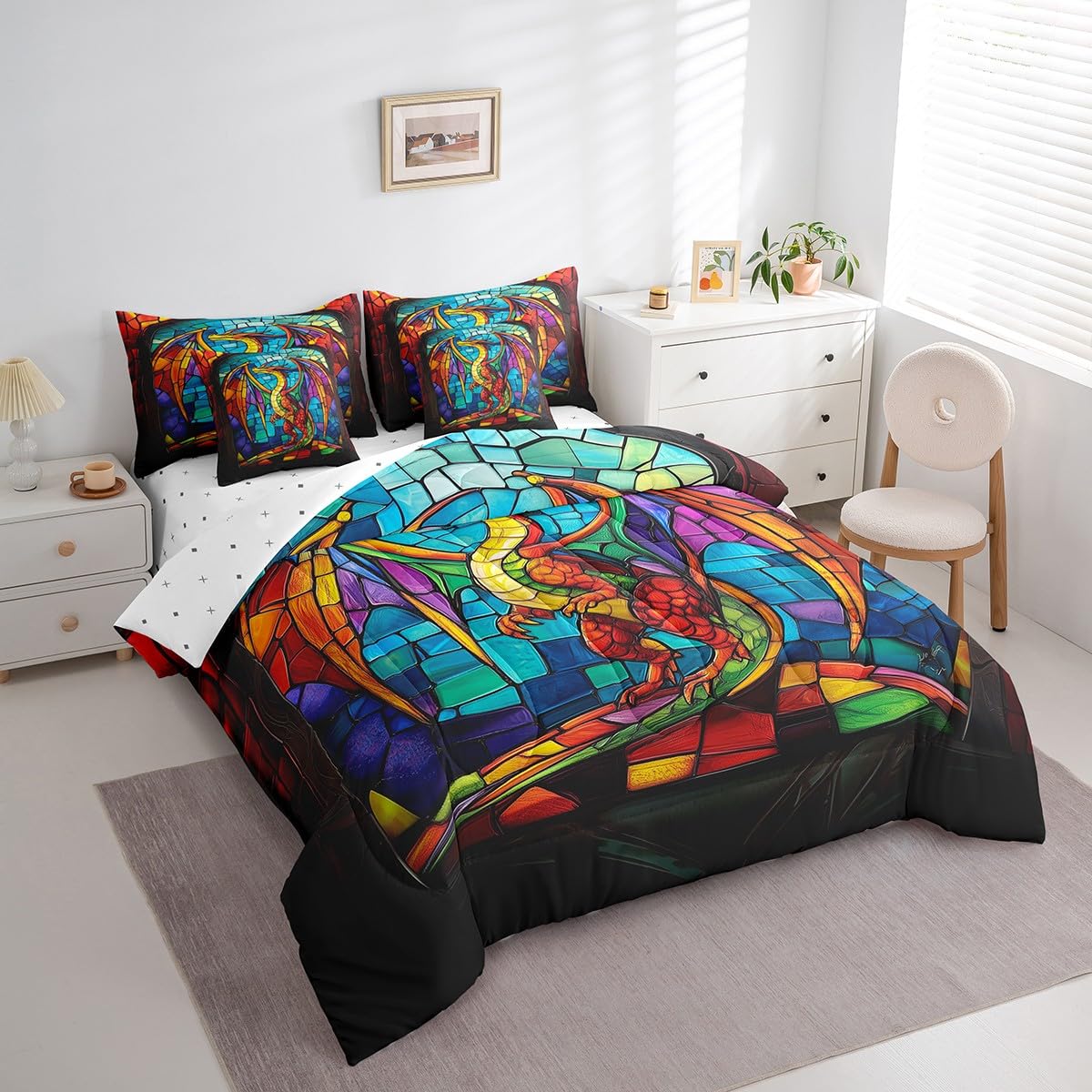 Erosebridal Western Dragon Bed in A Bag with Sheets Exotic Boho Style Dragon Twin Comforter Set 7 Piece Fantasy Dragon Bedding Set for Kids Boys Teen Men Magical Wildlife Animal Bed Set