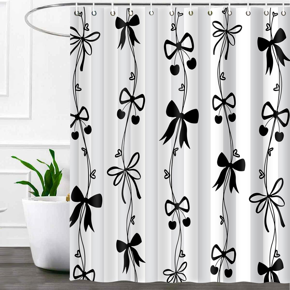 LshyMn Cute Bowknot Shower Curtain 72x72 Inches Preppy Cartoon Beautiful Black Bow Shower Curtains Set,Modern Aesthetics Girl Bathroom Decor for Hotel Restroom YLDWMN7GM