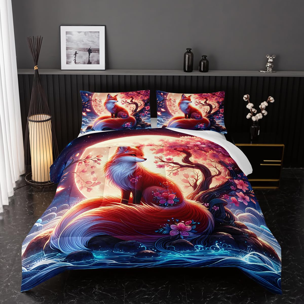 Nttopship Fox Comforter Bedding Set with 2 Pillowcase Twin Size Cartoon Fox Sakura Comforter Set for Kids Boys Girls Bedroom Decor